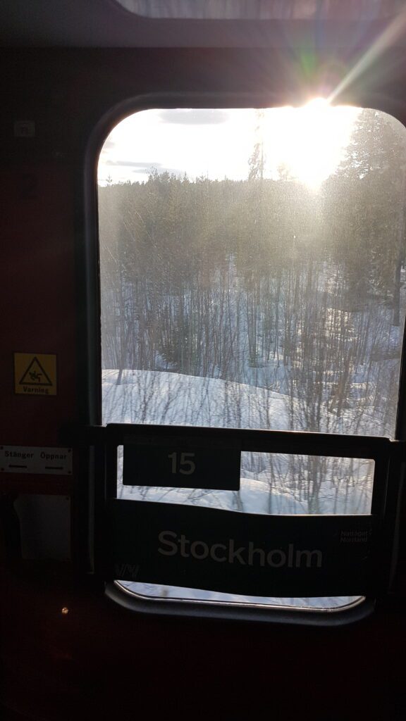 Blick auf dem Zugfenster Richtung Lappland Nordschweden