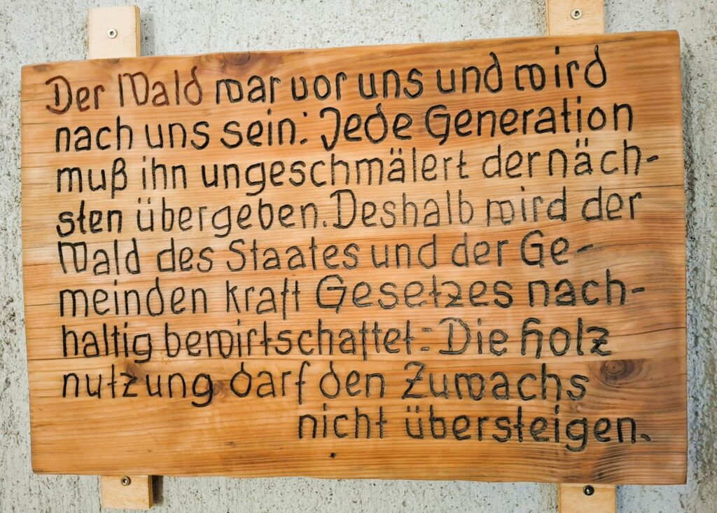 Der Wald war vor uns und wird nach uns sein. Die Holznutzung darf den Zuwachs nicht übersteigen (Holzschild Hohe Warte)