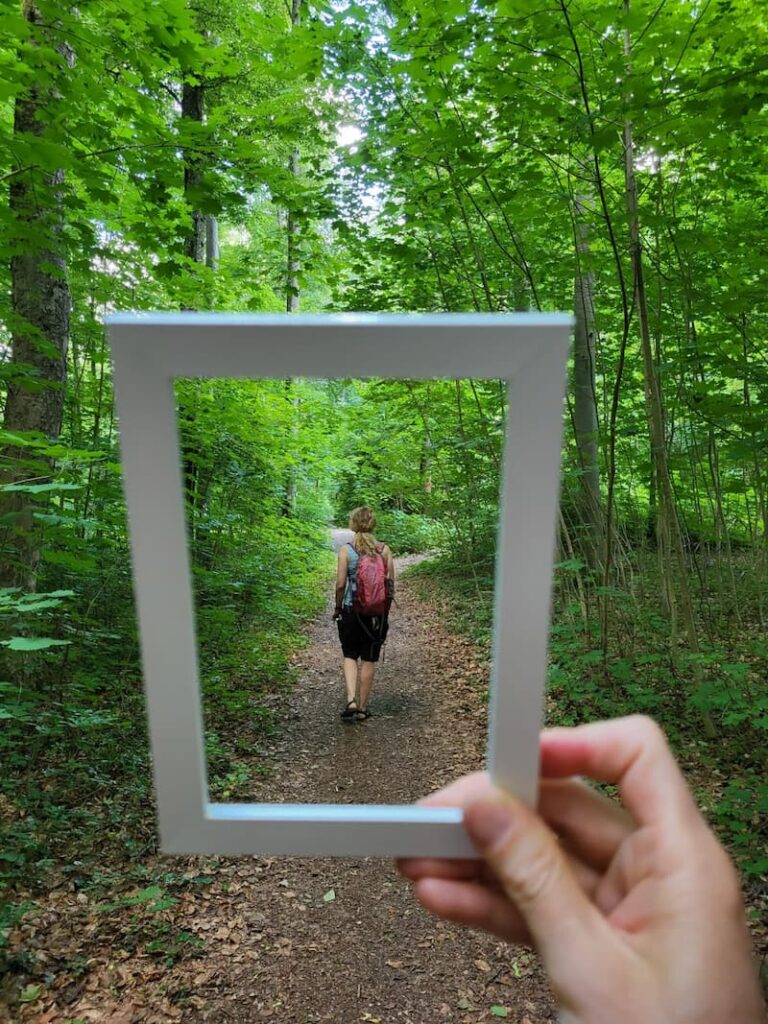 Ein Mensch entfernt sich auf dem Waldpfad und wird kleiner im Rahmen.